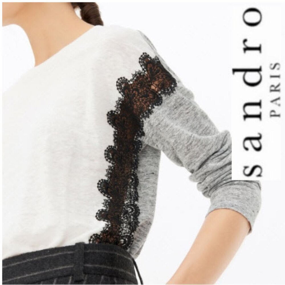 Sandro Gray & White Top with Black Lace Detail Cotton Size 1 Small